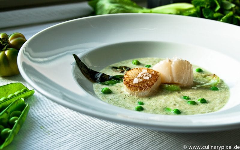 Jakobsmuscheln mit Kokos-Minz-Gazapcho, Erbsen & Pak Choi