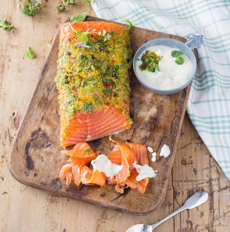 Selbst gebeizter Lachs mit Zitrone, Kräutern und Chili