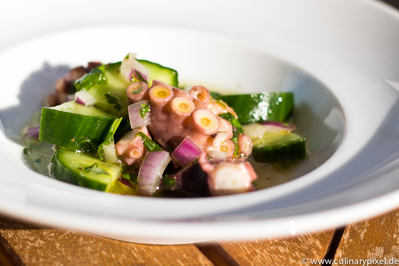 Pulposalat mit Gurke, Zwiebeln und Koriander