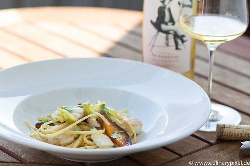 Linguine mit Jakobsmuschel, Heilbutt & Süßkartoffel, Domaine La Louvière Sauvignon Blanc