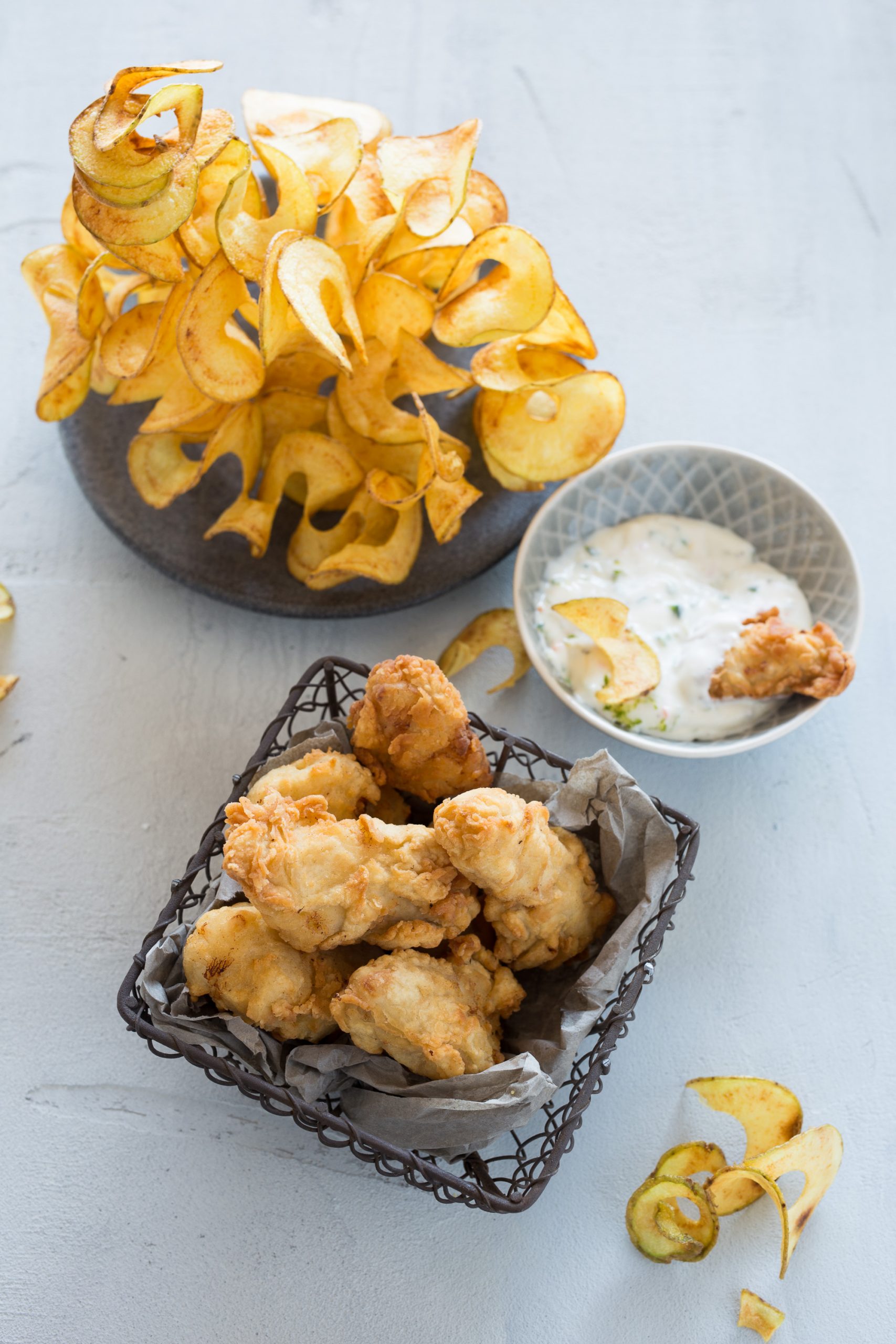 Kabeljau-Nuggets mit Kartoffelspiralen